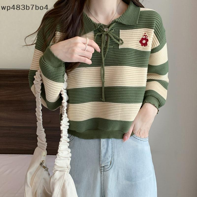 WPB เสื้อสเวตเตอร์ถักสำหรับผู้หญิง, เสื้อสเวตเตอร์แฟชั่นปักลายทางแขนยาวคอปกทรงหลวม