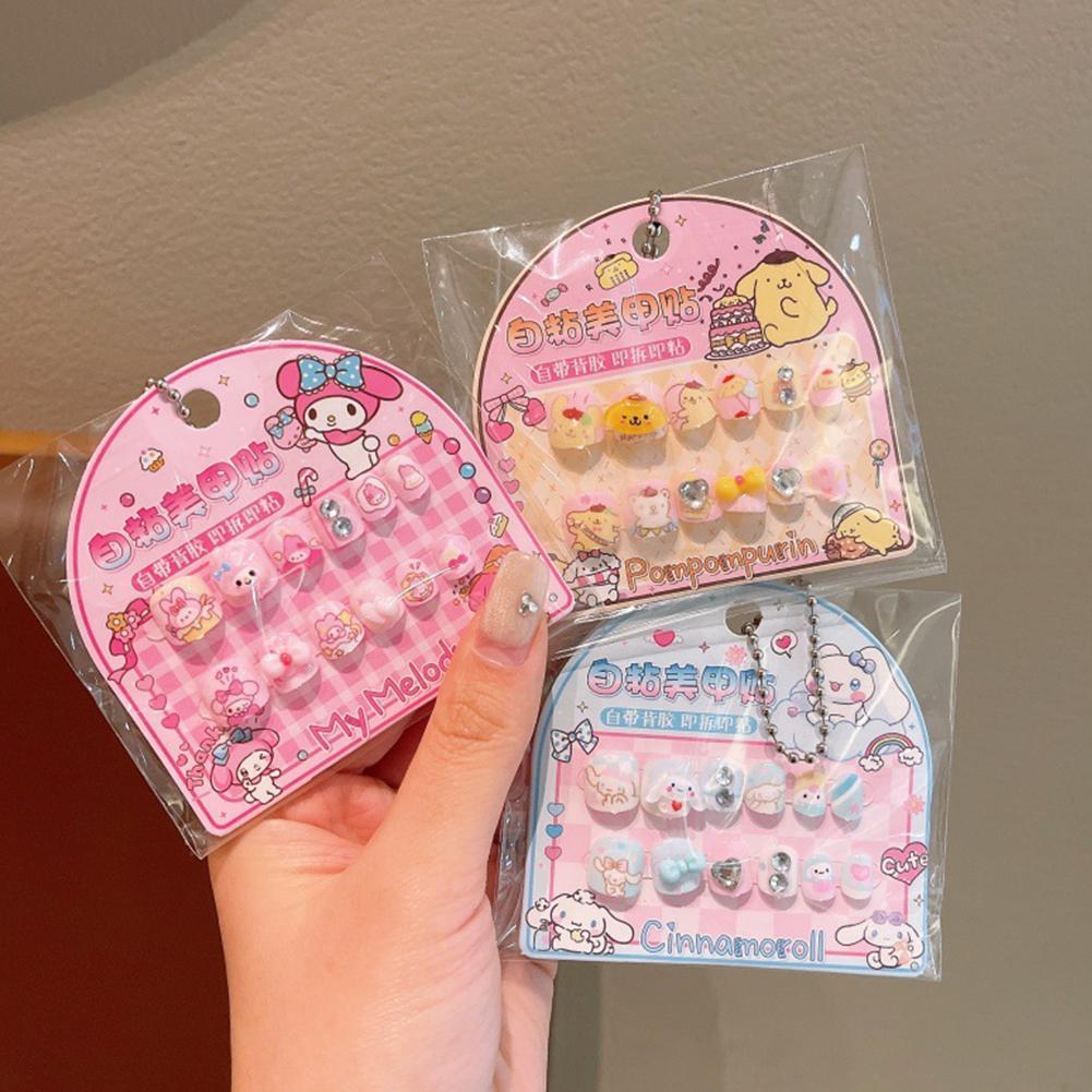 WUMI ชุดการ์ตูน Sanrio Kuromi สติ๊กเกอร์ติดเล็บสําหรับเด็กผู้หญิงน่ารักสวมใส่เล็บสาว U8h1 WUMI