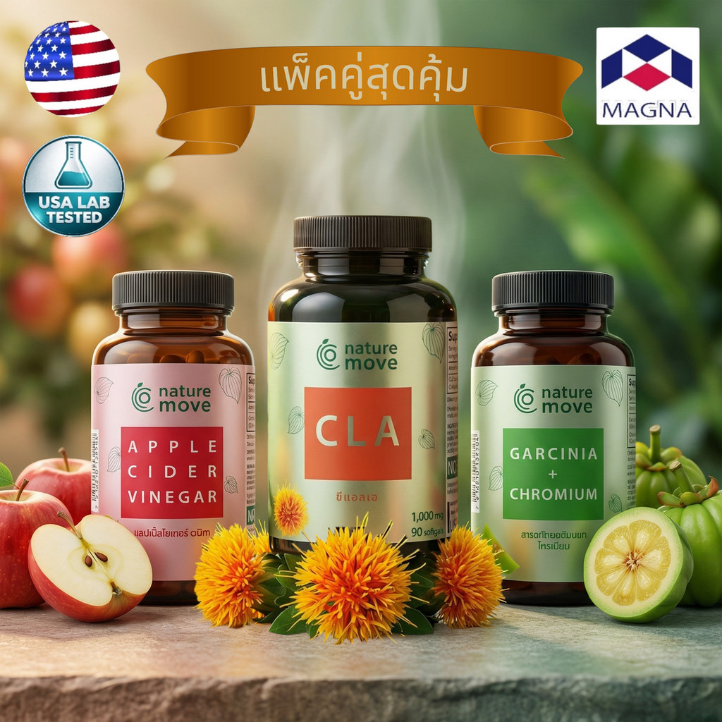 (แพ็คคู่) เนเจอร์มูฟ ซีแอลเอ 1000 mg x 90 เม็ด | แอปเปิ้ลไซเดอร์ 60 เม็ด หรือ การ์ซีเนีย 90 เม็ด NATURE MOVE CLA | Ap...