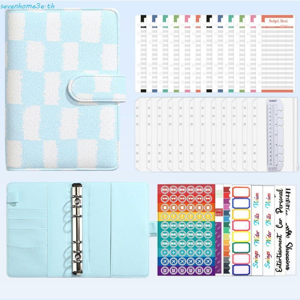 SEVENHOME3E หนังสือท้าทายประหยัดเงิน, หนัง PU กันน้ําเงิน Binder, เงินสด Budget หลวม-Leaf ซองเงินสด 