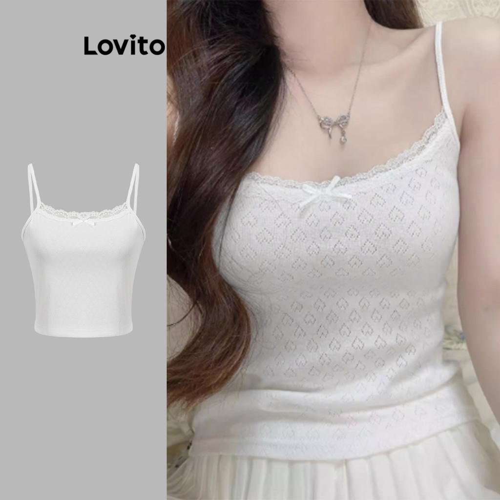 Lovito เสื้อสายเดี่ยว สีพื้น แต่งโบว์สุดคิ้วท์  สำหรับผู้หญิง  L118ED504 ราคา ถูกที่สุด ดีลบีเคเค