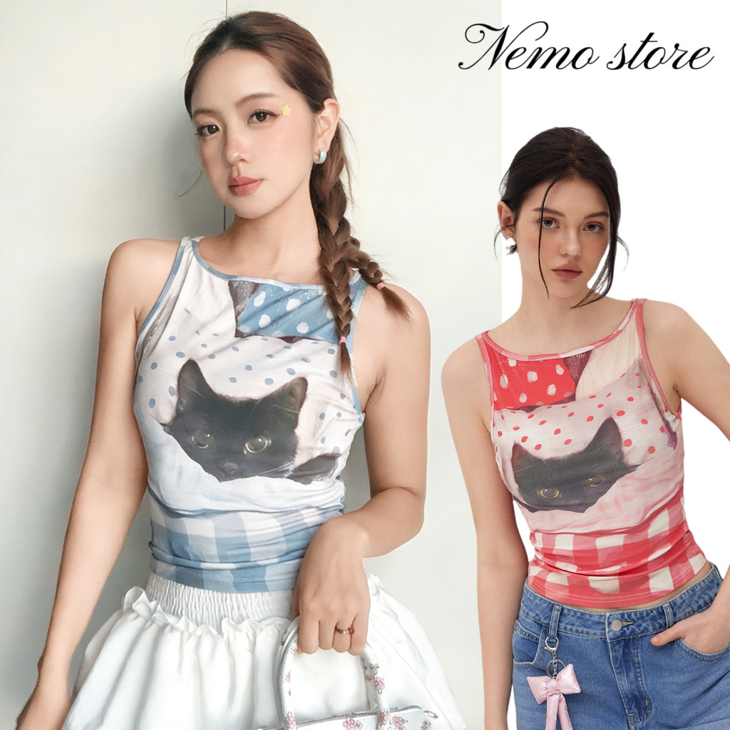 เสื้อกล้าม คอกลมผ้ายืด ลายน้องแมวน่ารักๆ เข้ารูป มี2สี Nemo🌸#FY9493