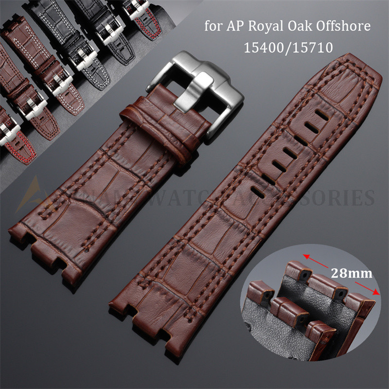 28 มม.นาฬิกาหนังวัวแท้สําหรับ AP Royal Oak Offshore 15400 สายนาฬิกา Vintage ผู้ชายผู้หญิงเย็บสร้อยข้
