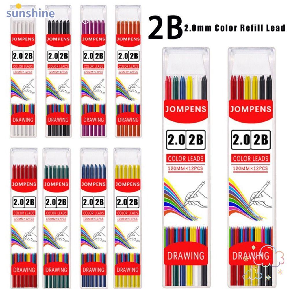 SSUNSHINE 12 ชิ้น/กล่องไส้ดินสอ, ไส้ดินสอแบบลบได้หลากสี, 2.0 มม. เปลี่ยนความยาว 12 ซม. ไส้ดินสอกด