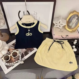 พร้อมส่งจากไทย ชุดเซ็ตเด็กผู้หญิง เสื้อสีกรมสายเดี่ยว + กระโปรงสีเหลือง(มีกางเกง) เนื้อผ้าเบาบาง ใส่เย็นสบาย OL030