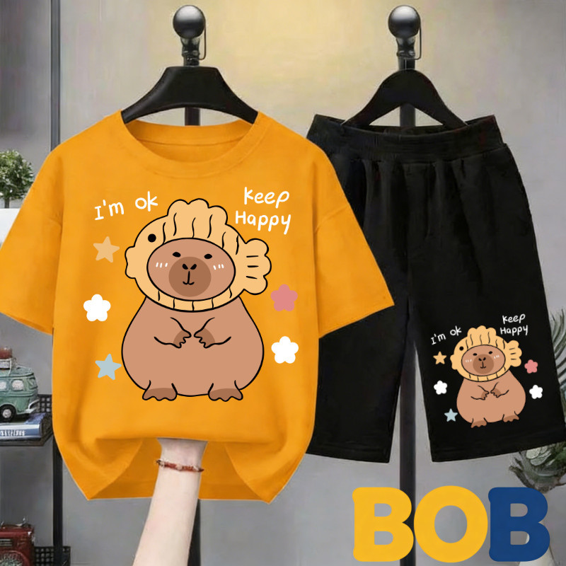 【จัดส่งไทย】2ชิ้น BOB ชุดทีชิเด็ก กะปี้บารา Capybara ยาวสั้น ผสมฝ้าย เด็กชายหญิง หน้าน่ารัก 2026 ใหม่#20