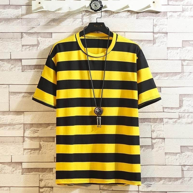 Chaistyle เสื้อเชิ้ตแขนสั้นลายทางหนา ใส่ได้ทั้งชายและหญิง เสื้อยืดคอกลมลายทาง – โปรปัง