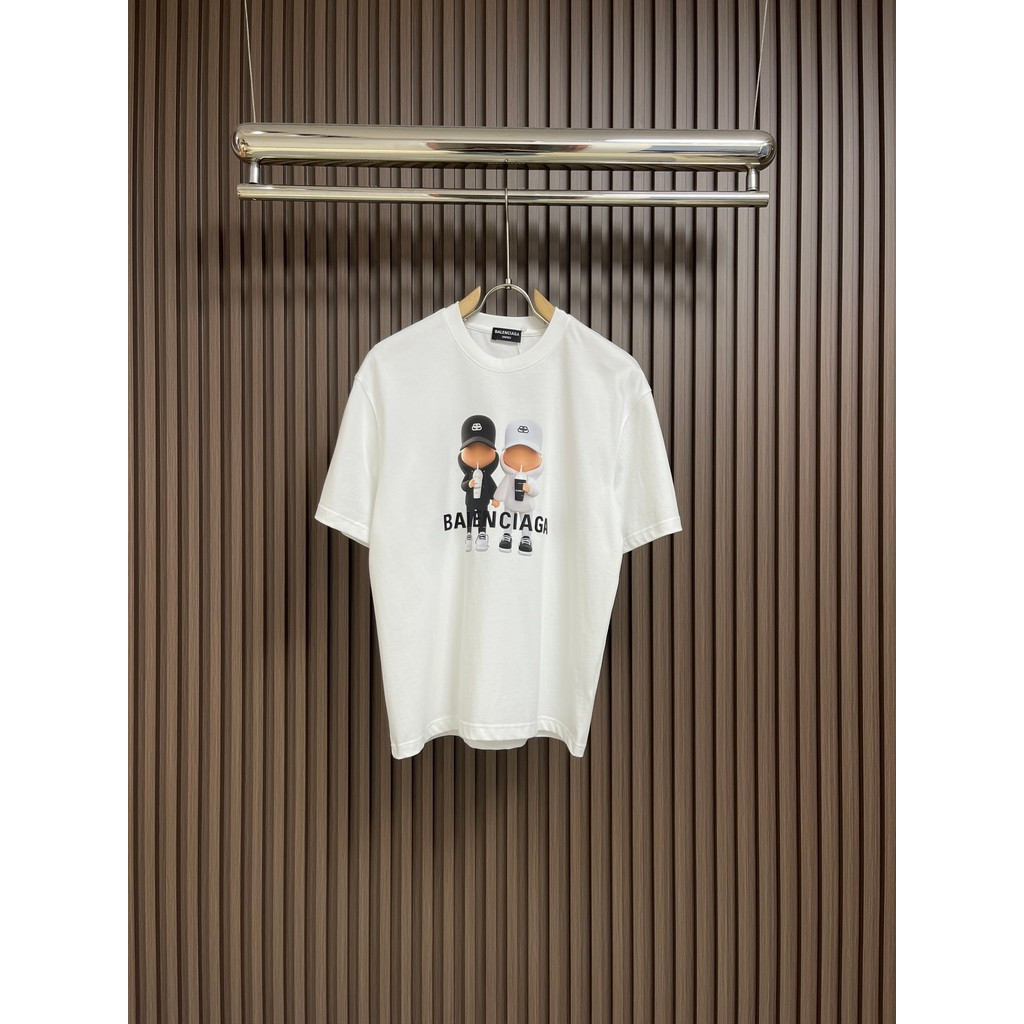 BALENCIAGA/BALENCIAGA เสื้อยืดแขนสั้นคอกลมสไตล์คู่ผู้ชายที่มีสีสันผ้าฝ้ายแท้หนา Impervious ภายในรอบค