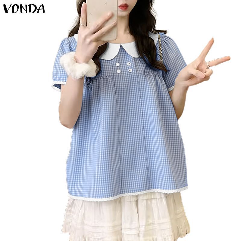VONDA เสื้อหลวมสไตล์เกาหลี girlish sweet doll ลายเชคเกอร์และลายสก็อต มีแขนปอมและชายกระดุมหัวเล็ก