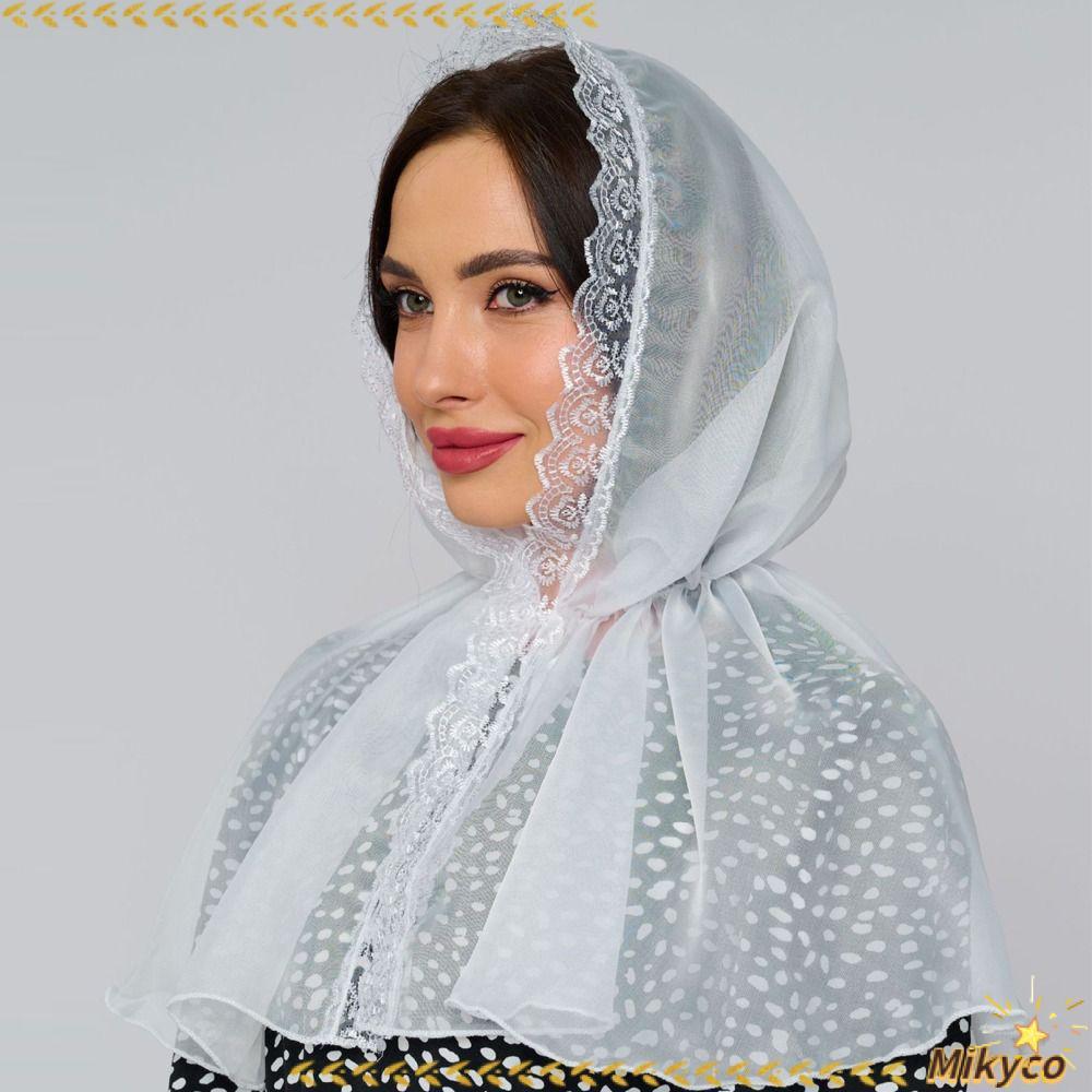 MIKYCO Hijab, Lace Chiffon Cape Hooded Shawl, Fashion White Simple Poncho Women
