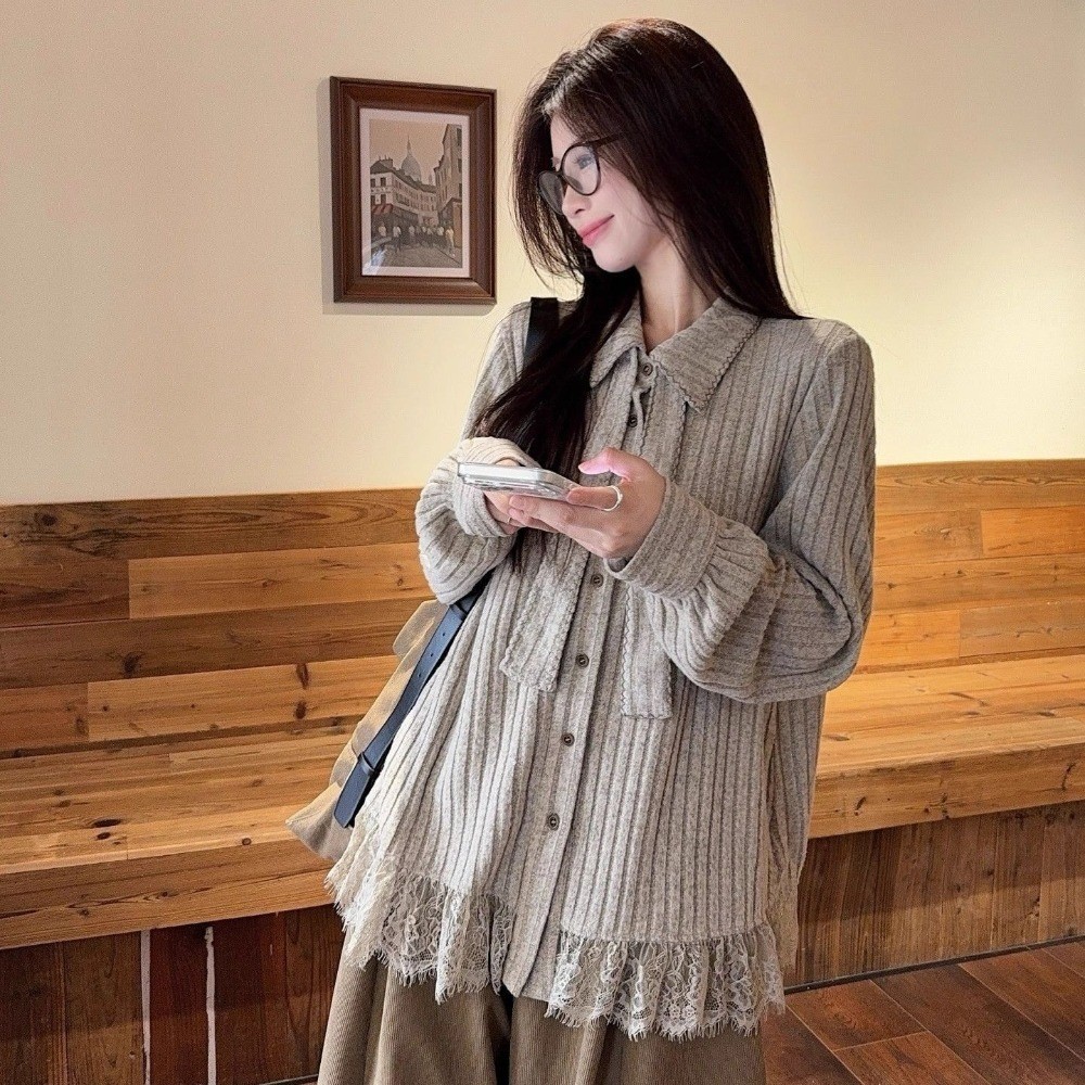 สไตล์ย้อนยุคลูกไม้แขนยาวถักเสื้อฤดูใบไม้ผลิฤดูใบไม้ร่วงใหม รูปที่ 2