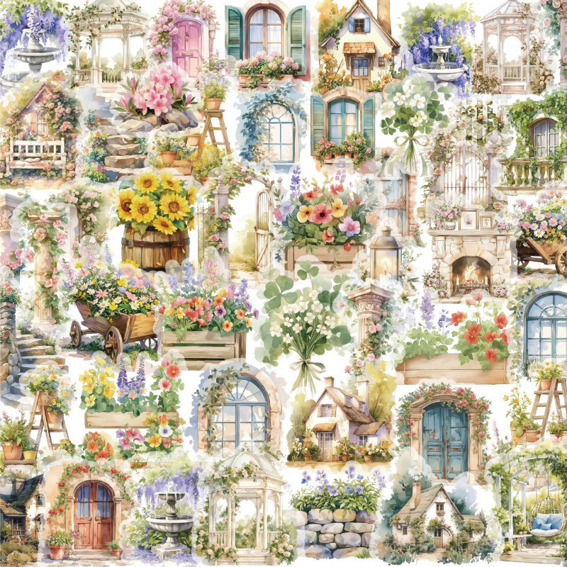 62 Pastoral Trail สติ๊กเกอร์โปร่งใส PET ดอกไม้ Flower House คู่มือถ้วยโทรศัพท์มือถือ DIY ตกแต่งกันน้ํา