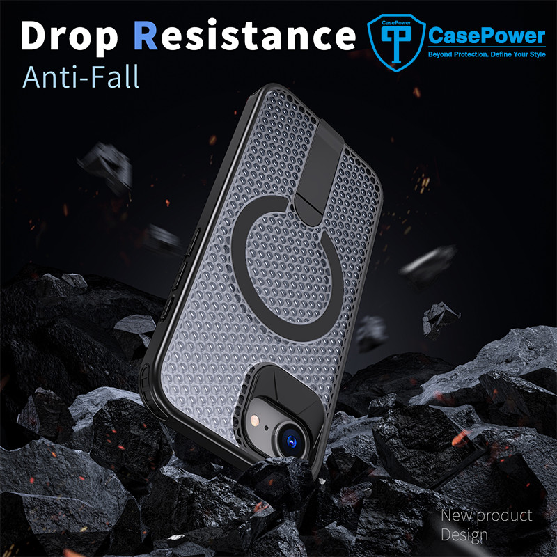 CasePower เคสแม่เหล็กสําหรับ iPhone 17E 17 16 Pro Max Air 16 Plus 16E iPhone13 14 11 XR กรณีวงเล็บมัลติฟังก์ชั่น Hollow การกระจายความร้อนกลางแจ้ง Anti Fall ฝาหลัง