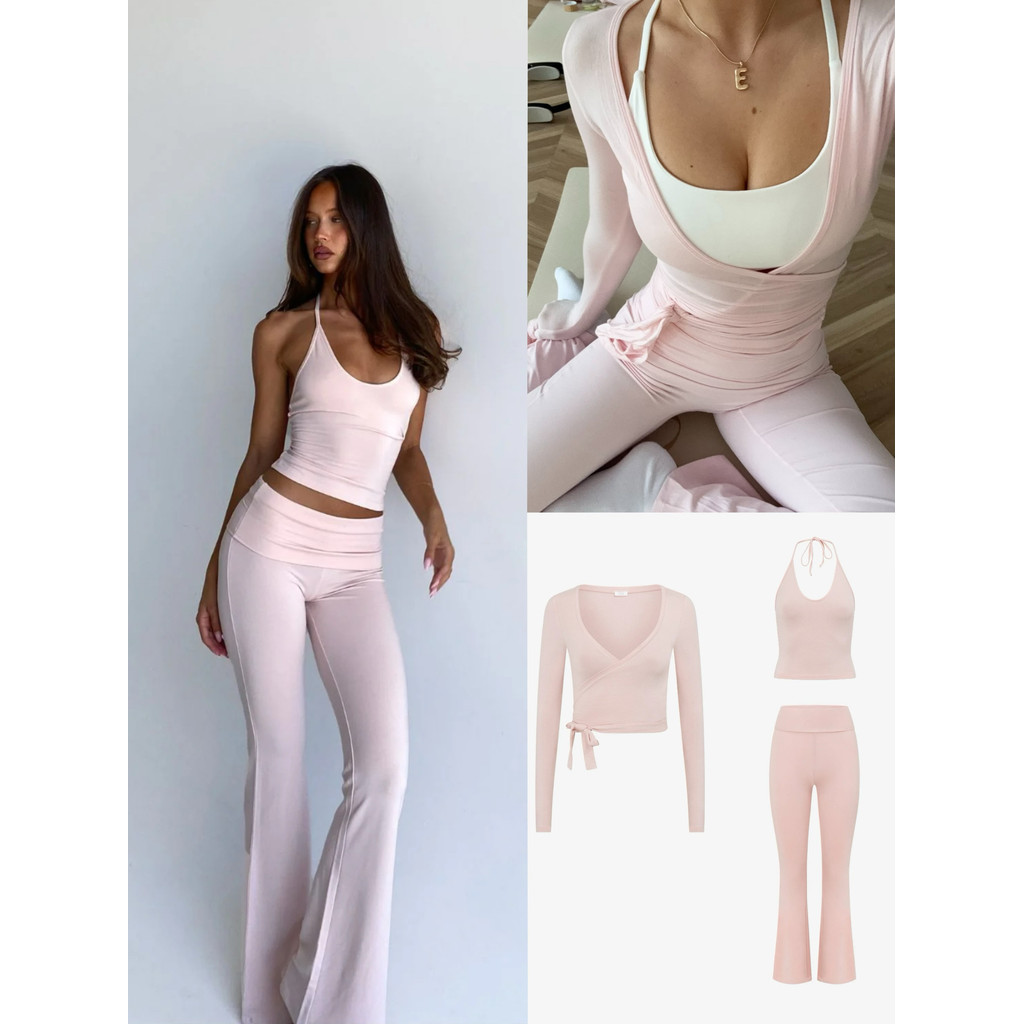 dress เดรสชมพู่ Csb คาร์ดิแกนผูกเชือกสีชมพูอ่อนน้ำหนักเบาและไม่ซึมผ่านกางเกงขายาวทรงตรงสายคล้องคอ