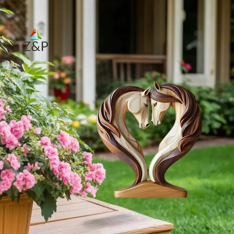 [Z&PT] ประติมากรรมม้า 2D รูปปั้นม้าไม้ Snuggle Pose เครื่องประดับสัตว์จอแสดงผลตั้งโต๊ะสําหรับ Workpl