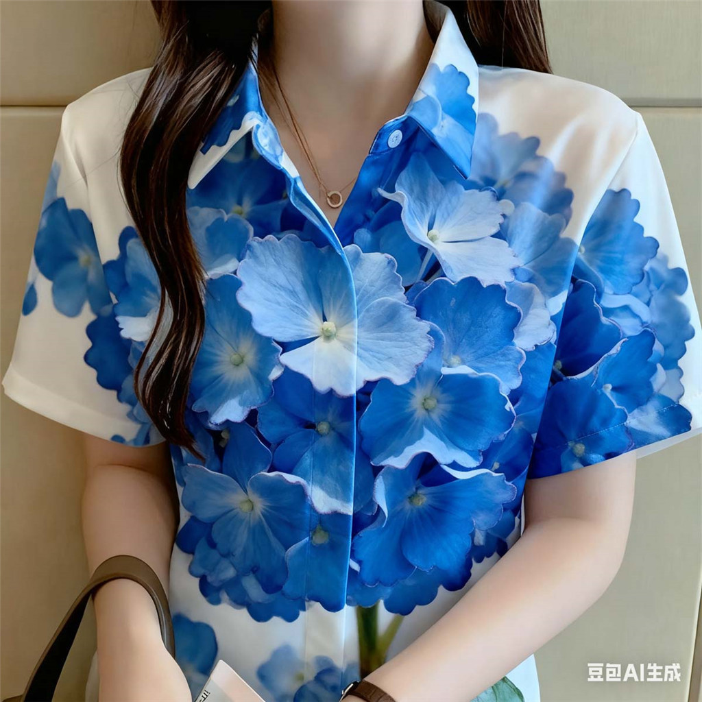 เสื้อเชิ้ตแขนสั้นไซส์ใหญ่สำหรับผู้หญิง ลายดอกไม้ ใส่สบาย รูปที่ 4