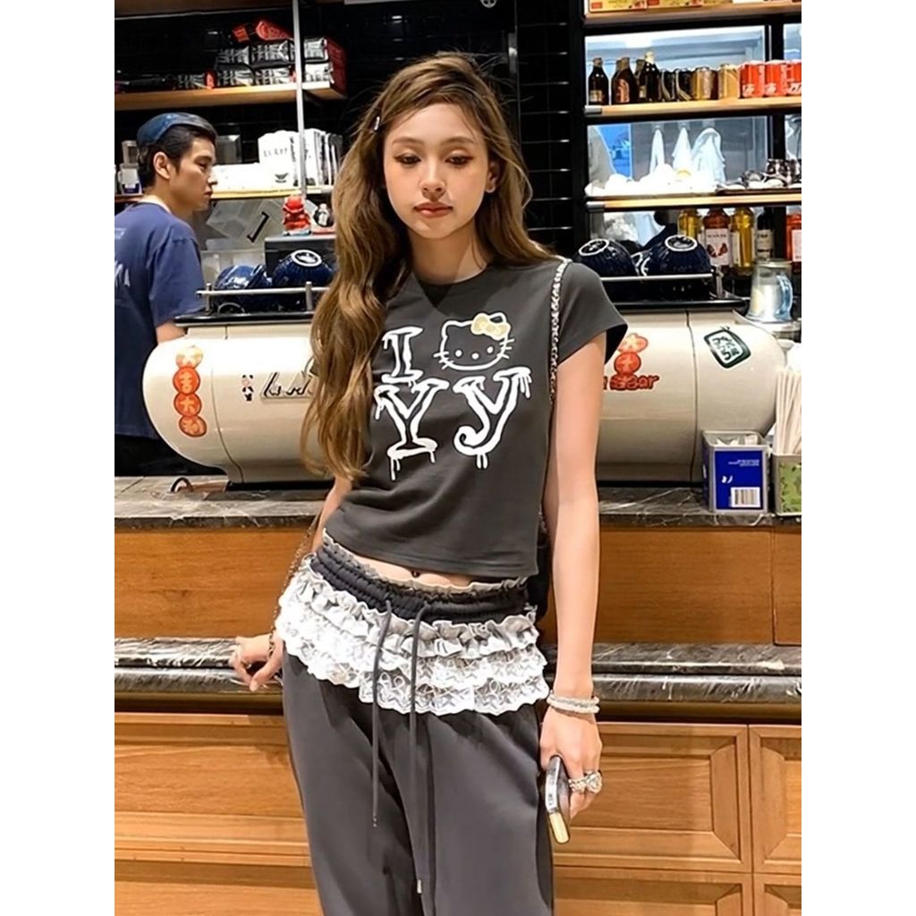 สไตล์สั้นเย็บ Di ชุดลูกไม้สไตล์แมว Kaizheng แฟชั่นเสื้อลูกไม้ฤดูร้อนกางเกงลําลองรู้สึก t ไหล่หลวมน่า