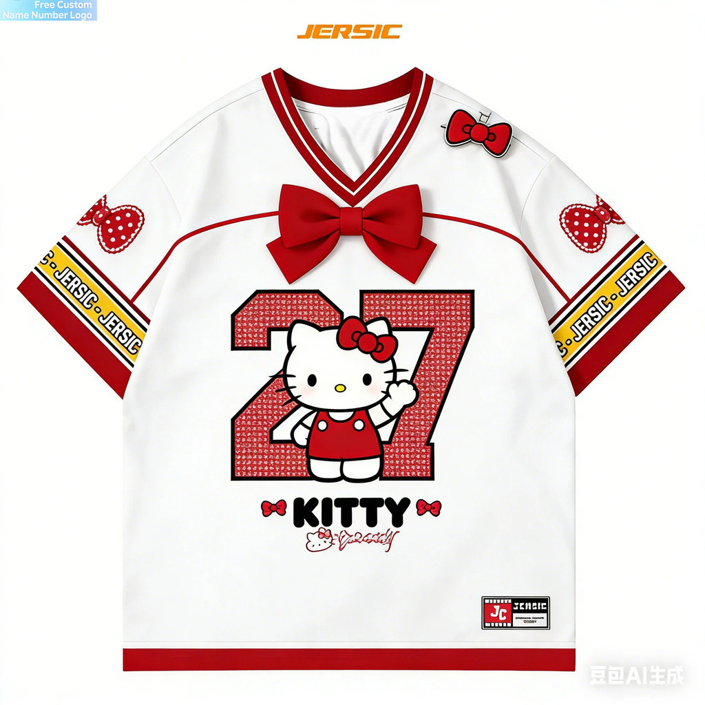 เสื้อแขนสั้นกีฬาสำหรับกิจกรรมฟุตบอล Hello Kitty แห้งเร็ว พิมพ์ลาย 3 สี