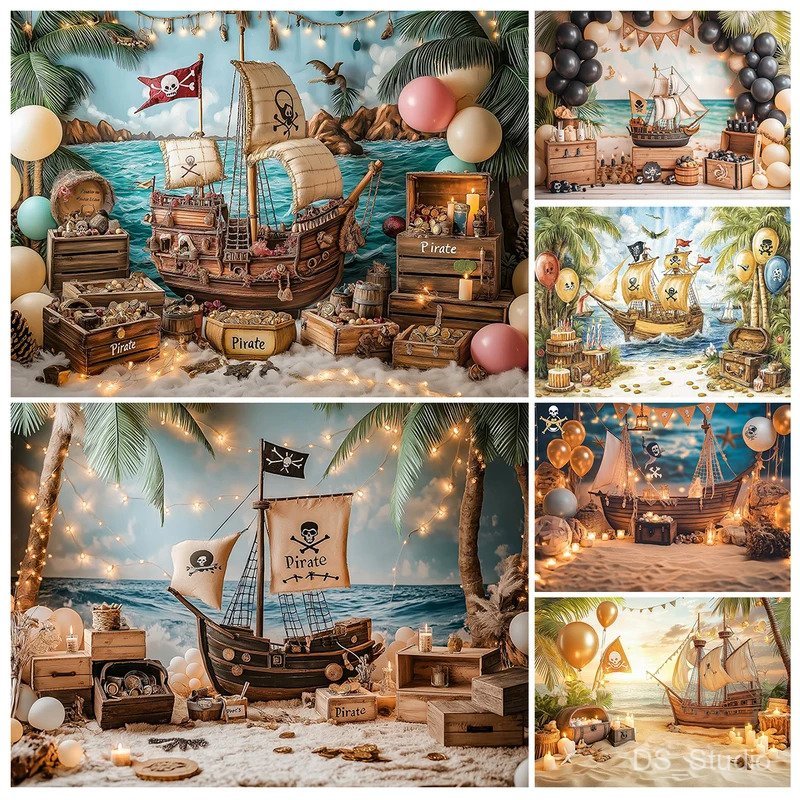 เรือโจรสลัด Treasure Chest ฉากหลังสําหรับถ่ายภาพเด็กวันเกิดเค้ก Smash พื้นหลัง FLAG Ball Decor Photo Studio Props