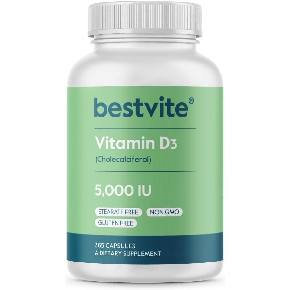 BESTVITE Vitamin D3 5000 IU (365 Capsules) - No Stearates - Non GMO - Gluten Free - 1 Year Supply of