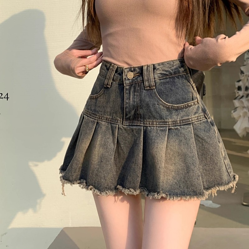 Bived S-6XL กระโปรงยีนส์สั้นผู้หญิง ทรงเอไลน์ เอวสูง ทรงเข้ารูป สไตล์เรโทร กระโปรงพลีท