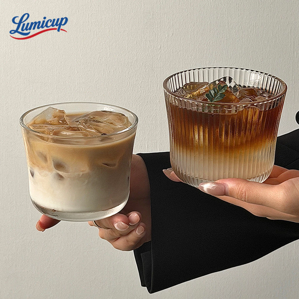 แก้วกระจกรูปทรงกลมลายริ้ว 320ml | แก้วคูลด์เบรว วิสกี้ น้ำผลไม้ | ทนทาน ไม่แตกง่าย ร้อน/เย็นใช้ได้ สำหรับใช้งานประจำวัน