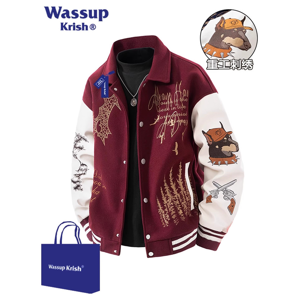 WASSUP KRISH Heavy Industry ปักชุดเบสบอลเสื้อแจ็คเก็ตผู้ชายฤดูใบไม้ผลิ American Retro Red Youth Jack