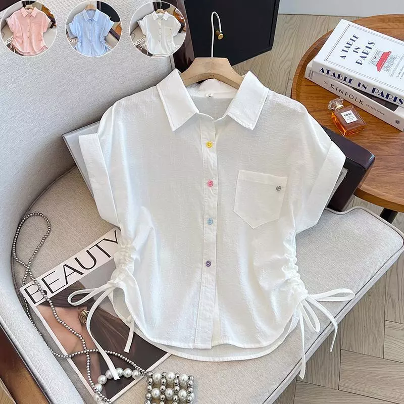 เสื้อเชิ้ตแขนพับกระดุมสีๆ ดีไซน์รุดข้างเก็บเอวทรงสวย แฟชั่นฤดูร้อนสไตล์เกาหลี ผ้าดีงานสวย แมตช์ง่าย-รุ่น99177