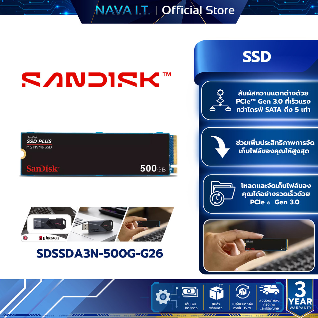 (มีส่งด่วน) SANDISK Plus NVMe SSD (เอสเอสดี), 500GB, PCIe Gen 3.0, M.2 2280-S3-M (SDSSDA3N-500G-G26)