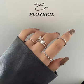 PLOYBRIL แหวนเซ็ท 4 วง รูปผีเสื้อ รูปเกลียว แบบเรียบ แหวน แหวนเงิน เครื่องประดับ สำหรับผู้หญิง สไตล์เกาหลี J027