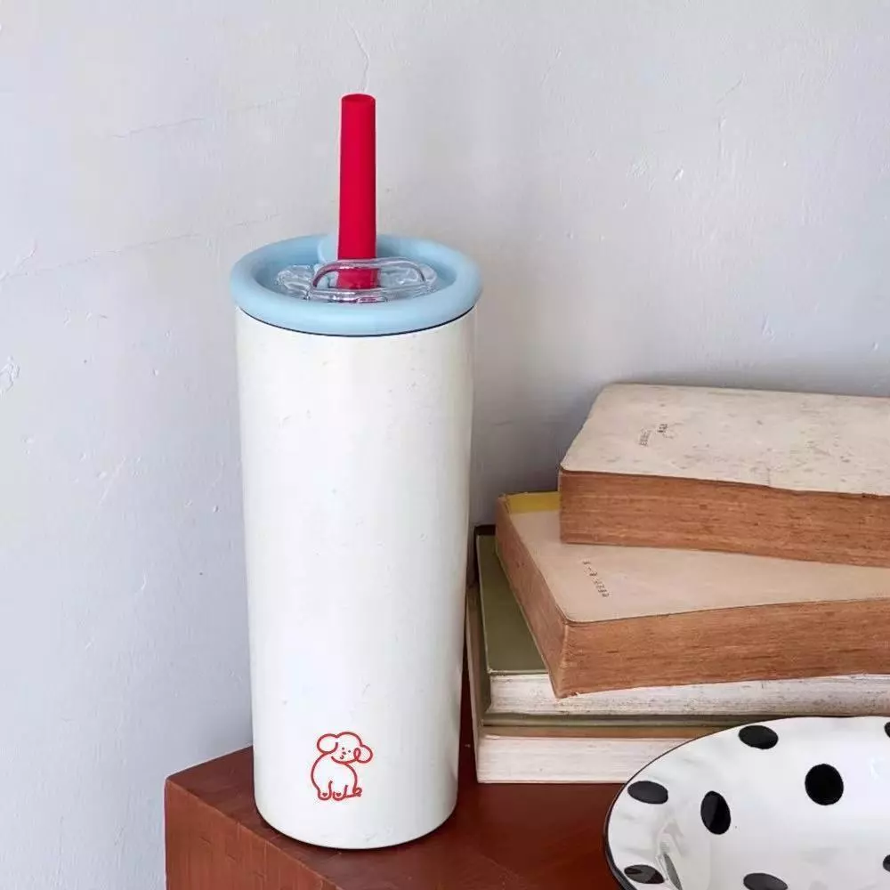 650ml แก้วสแตนเลสลายหมึกน้ำเงิน+หมาสุดคิวท์ เก็บความเย็น กันหก เหมาะสายแฟชั่น