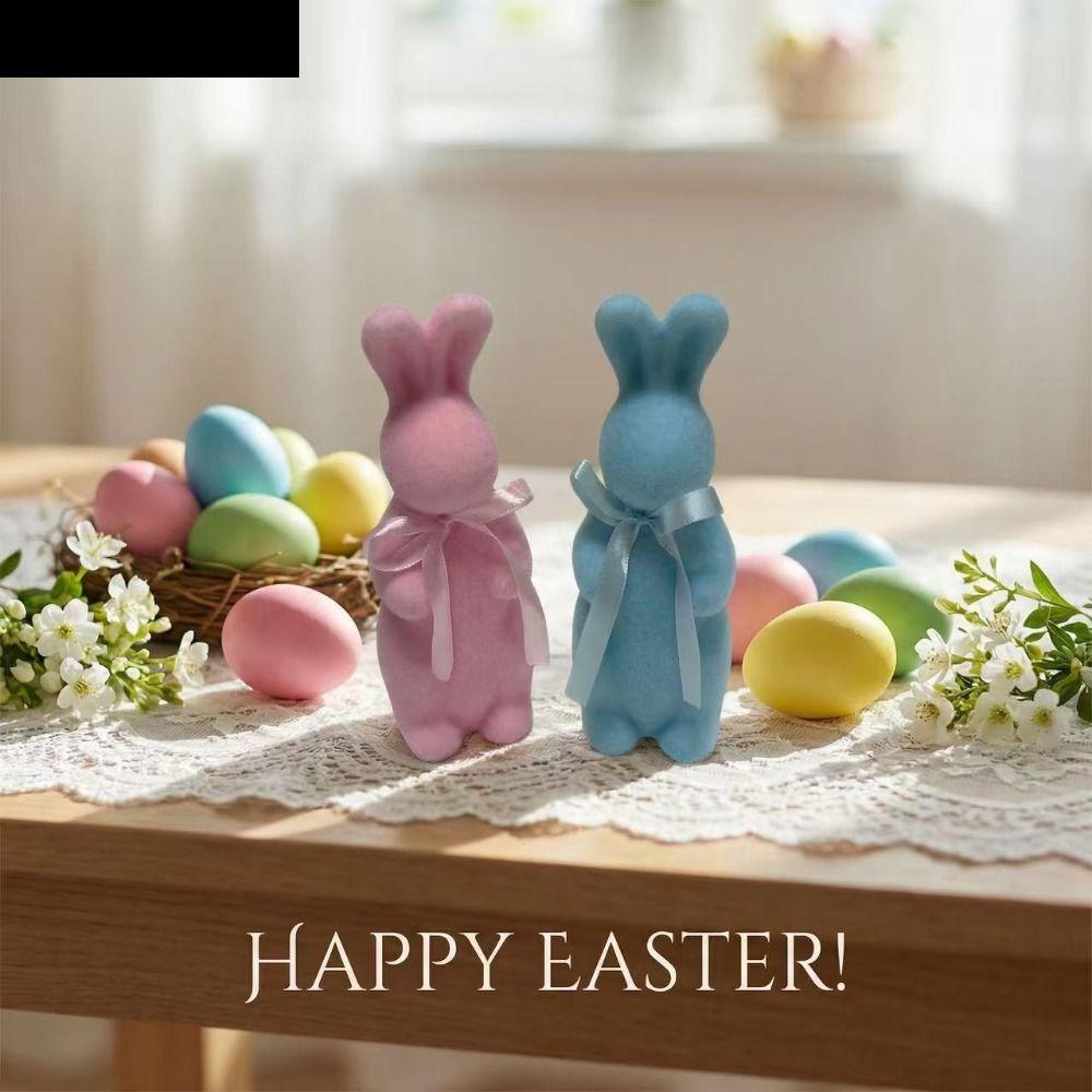AUBREY1 Flocked Easter Bunny Decor, Easter Bunny Easter Decor Easter Standing Rabbit รูปปั้น, Bow Ti