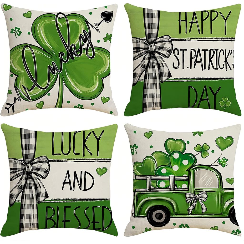 St Patricks Day Pillow Covers 18 x 18 นิ้วชุด 4 ชิ้น, Farmhouse Green Shamrock Heart Truck Buffalo P