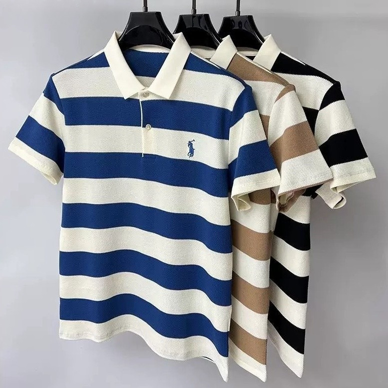 Chaistyle เสื้อโปโลผู้ชาย เย็บติดกัน เสื้อลำลอง แขนสั้นคอปก ธุรกิจ แมทช์ลุคง่าย ลายทาง
