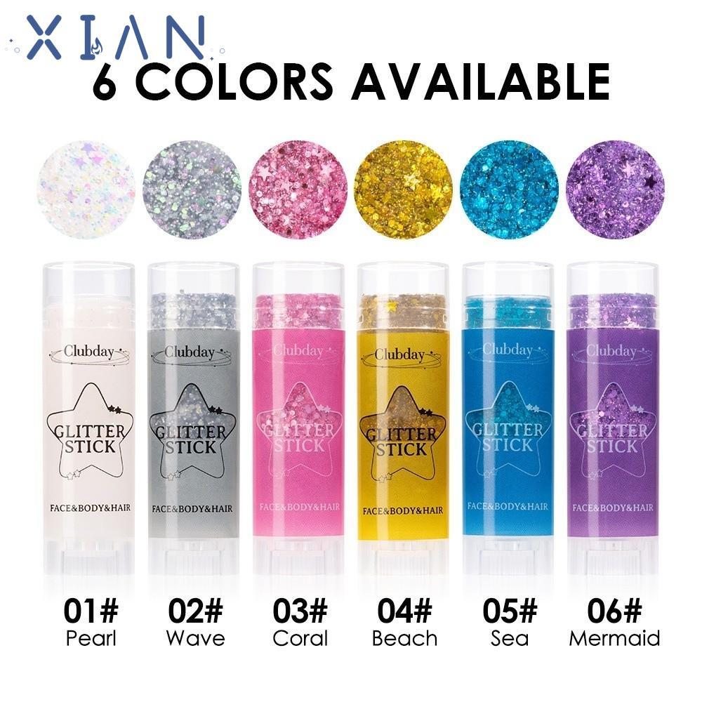 XIANEN ครีมกลิตเตอร์, Body Glitter Sticks 6 สีเลื่อม Glitter Stick, ของขวัญ Body Paint Glitter แบบพก