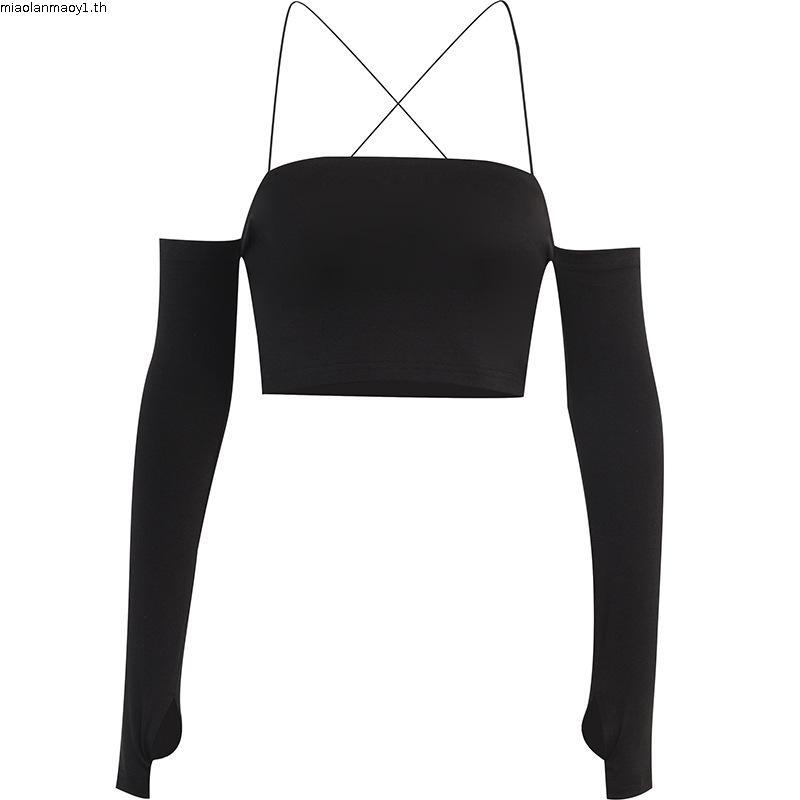 Joeyjoy-เสื้อกล้ามเปิดไหล่สําหรับผู้หญิงสีทึบแขนยาวเปลือยแสดงเสื้อกั๊กสะดือstreetwear