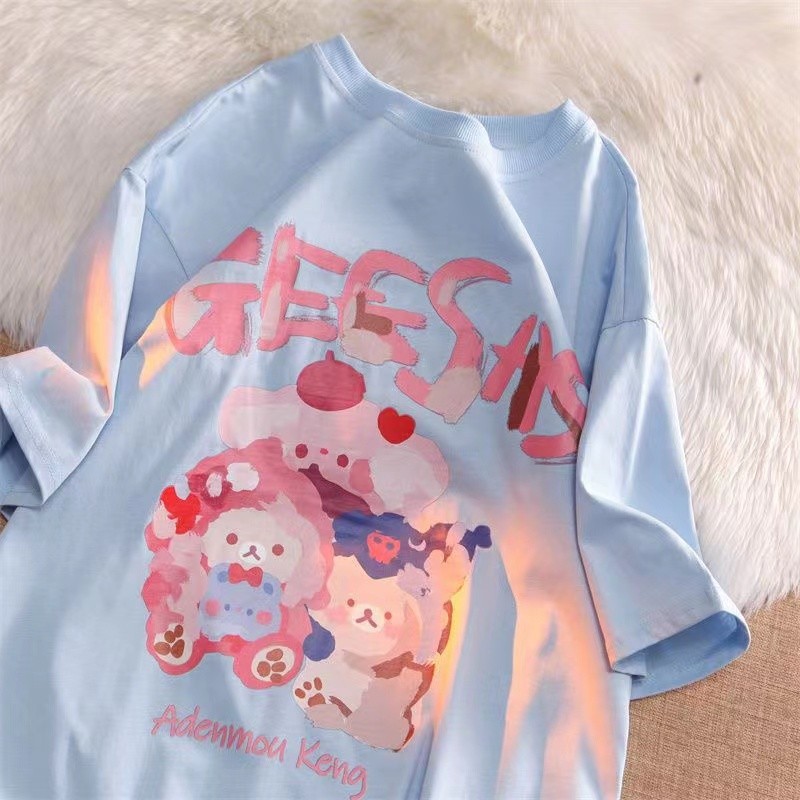 CODSweet Academy สไตล์เสื้อยืดแขนสั้นหลวมขนาดใหญ่ผู้หญิงสไตล์เกาหลี INS แฟชั่นคู่ฤดูร้อนรอบคอ TopKor