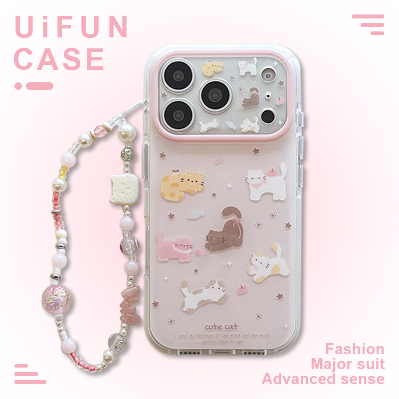 น่ารักการ์ตูนแมว Hard PC โทรศัพท์มือถือสําหรับ iPhone 17 16 15 Pro Max 17Promax พร้อมโซ่ IMD Drop Resistance Protector โทรศัพท์มือถือปกหลัง