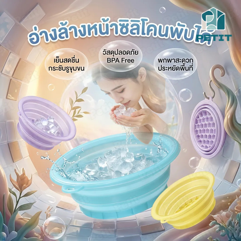 อ่างล้างหน้าซิลิโคนพับได้ กะละมังพับได้ ถาดน้ำแข็งในตัว ซิลิโคนเกรดอาหาร ใช้ซ้ำได้ ล้างหน้า ล้างเท้า ทนเย็น
