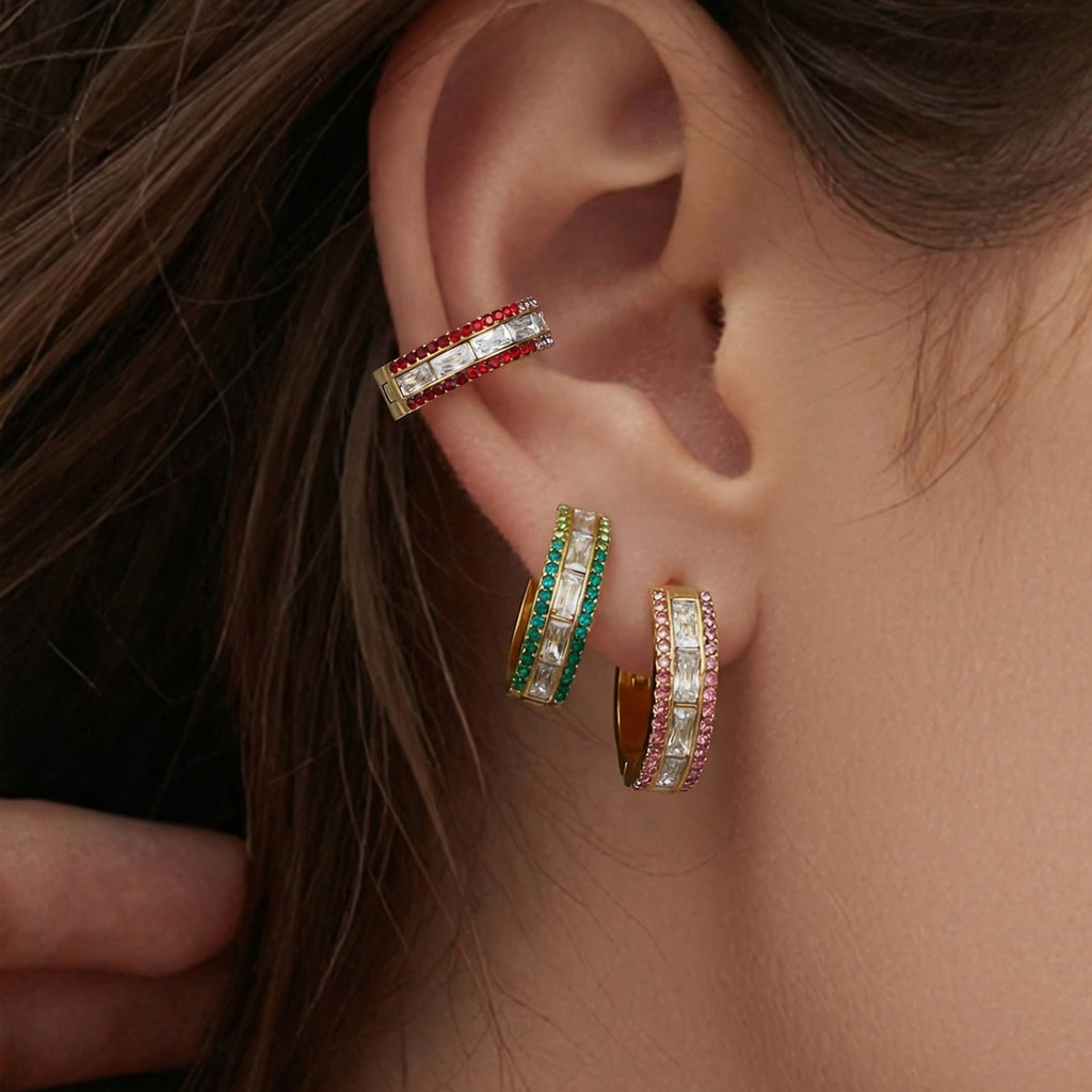 ต่างหู Strobe 5A Zircon สแตนเลสชุบ 18K .gold หลากสี หลายไซซ์