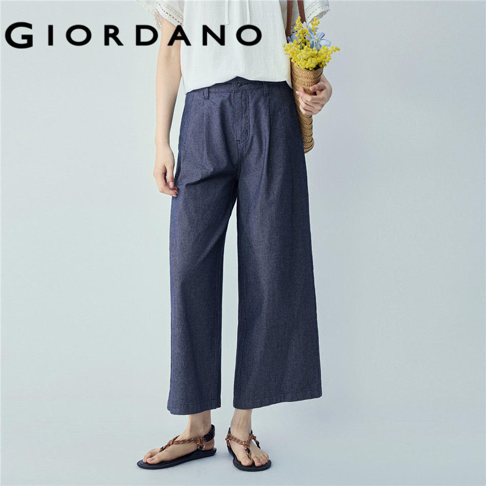 GIORDANO WOMEN Luxurious Cotton Pleated High Waist Wide Leg Thin Denim Nine Quarter Comfortable Pants - Slimming Effect & Durable Quali - Top Pick! 05426327