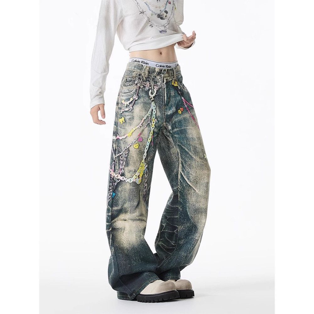 J2c6m.th กางเกงยีนส์ลายลูกปัดโซ่ ทรงหลวมสำหรับผู้ชายและผู้หญิง แบบใหม่ high street S-3XL