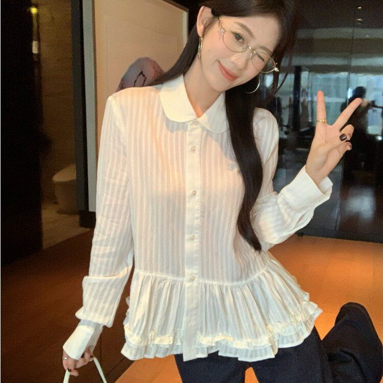 w714 เสื้อเชิ้ตสตรีลายทางสีขาว แขนยาว ปกคอสไตล์ลายหูฉลาม รูปที่ 5