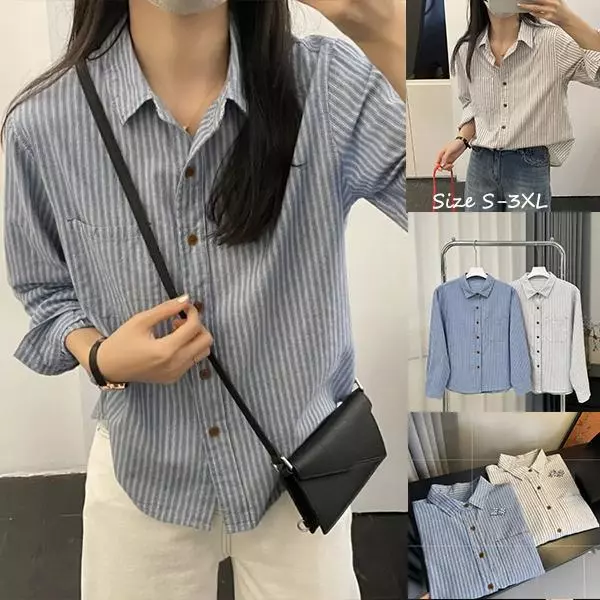 mimi#เสื้อเชิ้ตแขนยาวลายทางคลาสสิกสไตล์เรโทรลำลองสำหรับผู้หญิง ทรงหลวมใส่สบาย สไตล์เกาหลี สวมใส่ได้หลากหลายโอกาส#W716