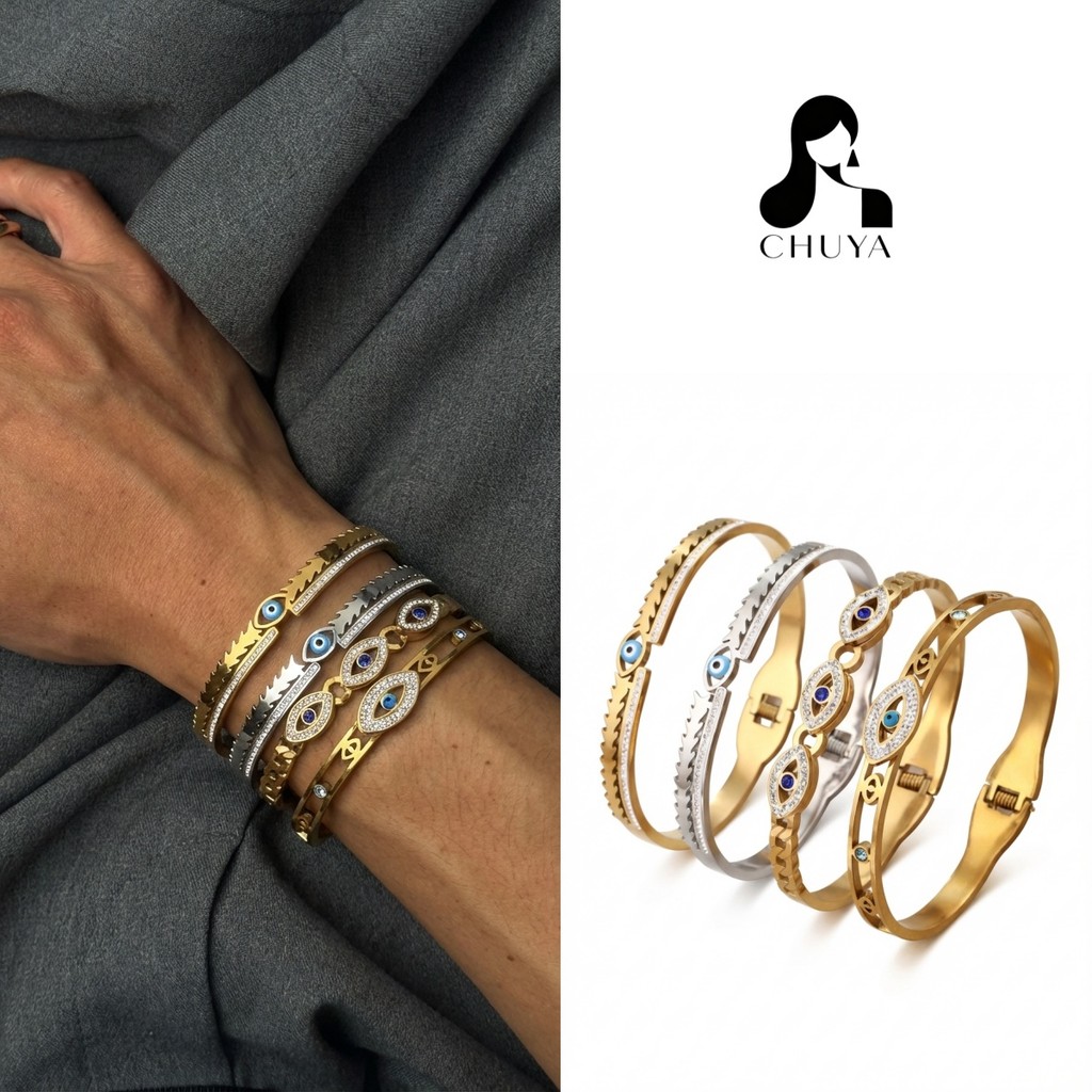 สร้อยข้อมือสแตนเลสแบบตาปีศาจกลวงประดับเพชร