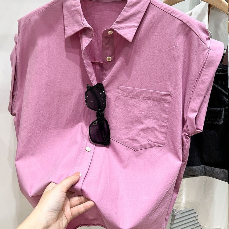 เสื้อเชิ้ตผู้หญิงแฟชั่นเวอร์ชั่นเกาหลีสีทึบอารมณ์กระดุมปกด้านบน