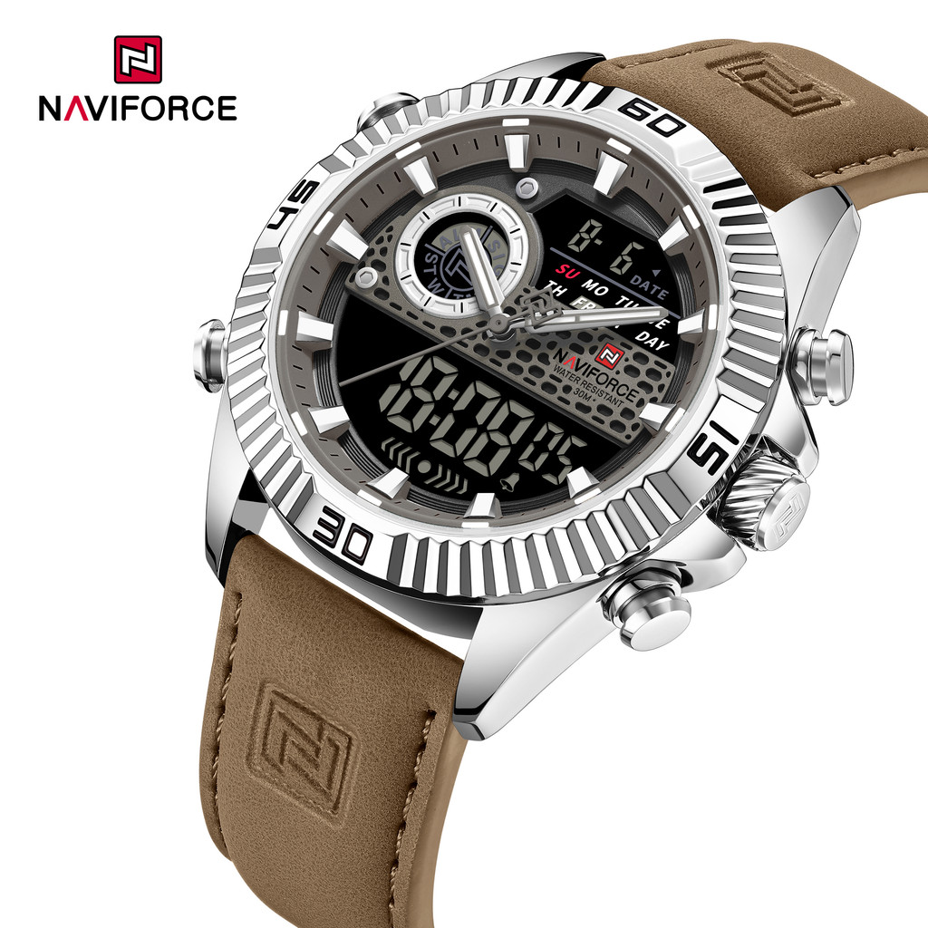NAVIFORCE NF9262L ผู้ชายทหาร Luminous นาฬิกาผู้ชายของแท้หนังกันน้ําวันที่นับถอยหลังนาฬิกาข้อมือ