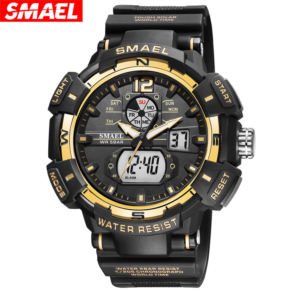 SMAEL/SMAEL จอแสดงผลคู่นาฬิกาอิเล็กทรอนิกส์กลางแจ้งกันน้ําโครโนกราฟกีฬานาฬิกาผู้ชายนาฬิการะดับไฮเอนด