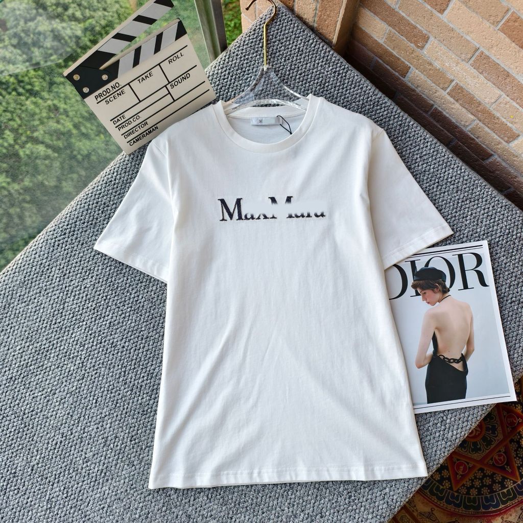 GVWV MaxMar* New Letter Embroidery Beaded Simple Casual Round Neck Short Sleeve T Shirt