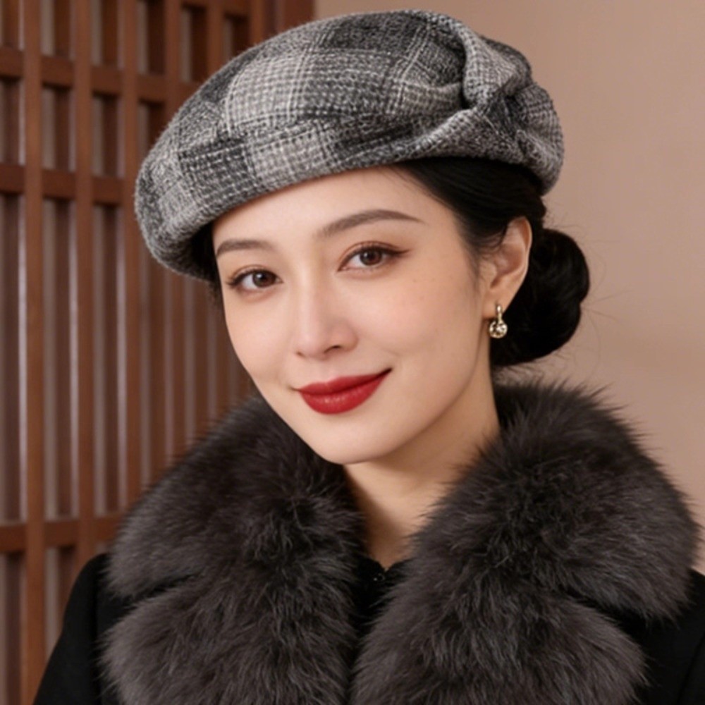 ECHOEDGE_beret_หมวกลายสก๊อต ถักเส้นใยอะคริลิค สำหรับสุภาพสตรี กับโบว์ทแพร่งด้านบน - รูปที่ 4